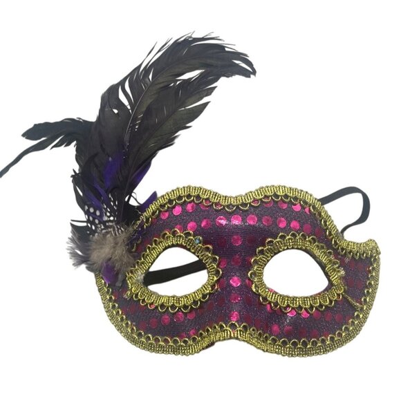 Halloween Masquerade Mask costume pink sequin embellished gold trim feather READ - Picture 1 of 8